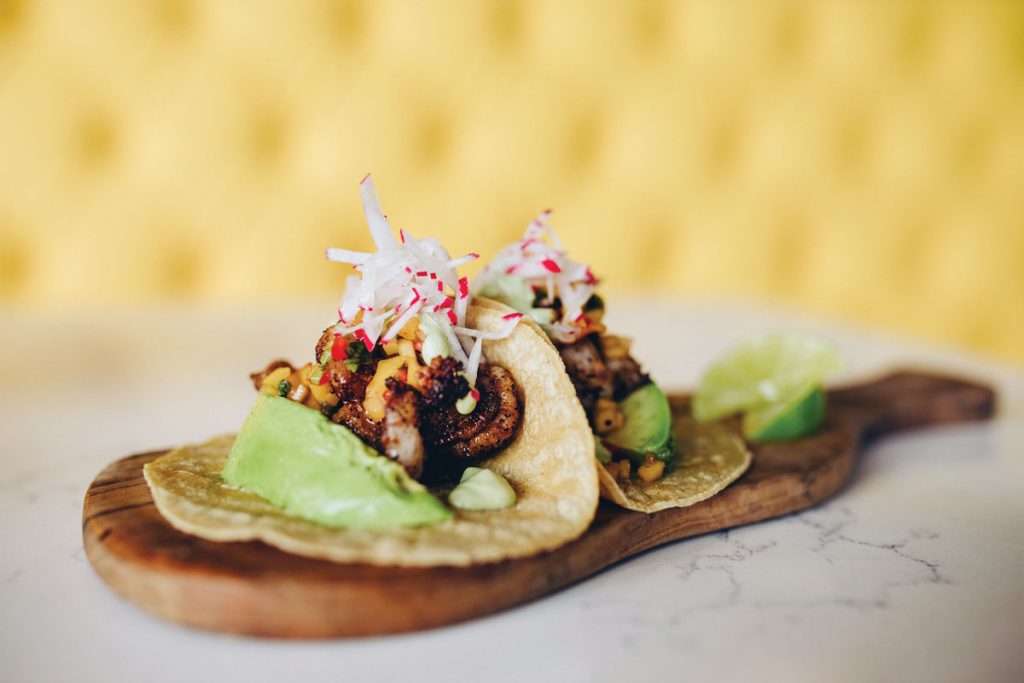 Blackened shrimp tacos, Avocado Cantina, Blackened shrimp tacos. Photography by Tara Koenke