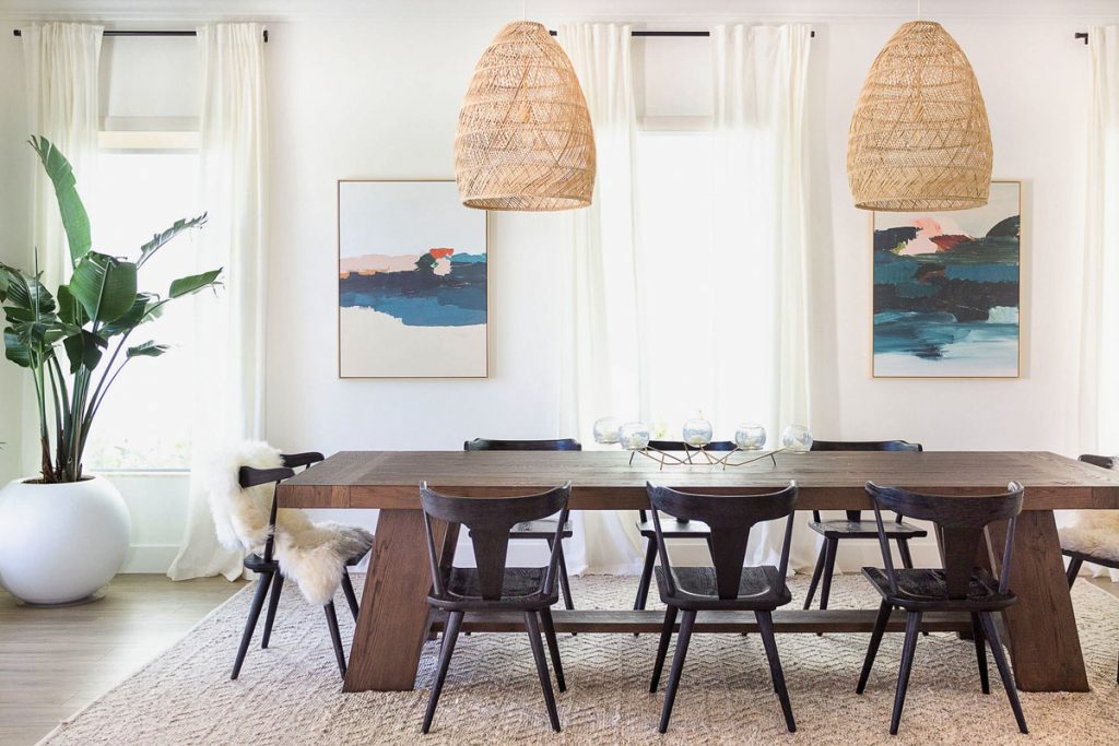 This dining area incorporates natural design through texture, tone, and live foliage, Photo Credit Claudia Bell