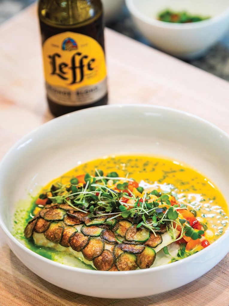 Zucchini-scaled cod with roasted butternut purée and sautéed vegetable medley. Photo courtesy of Ripples in Motion