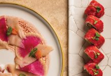 Fresh Vision Abounds at Aquasan Truffle hamachi and Korean BBQ Surf & Turf roll. Photo by Ryan Chimelis